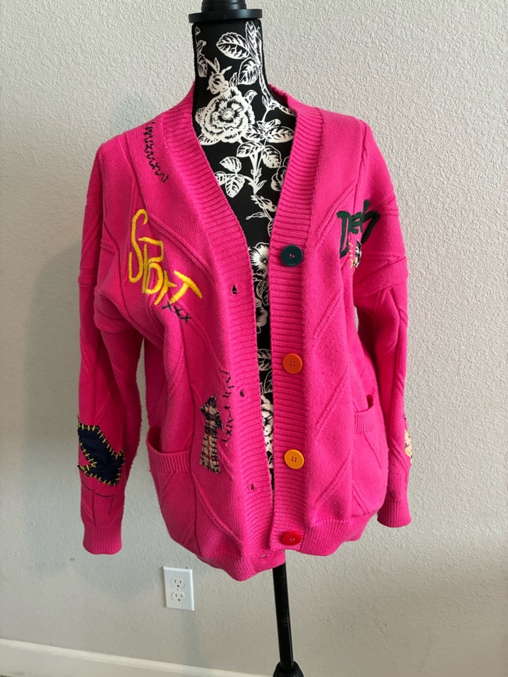 Bright Pink Embroidered Button-Up Women's Cardigan Sweater